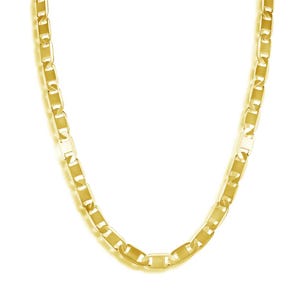 May include: A gold-colored chain necklace with a rectangular link design. The necklace is displayed against a white background, highlighting its shiny, metallic appearance. The chain is a classic jewelry piece.