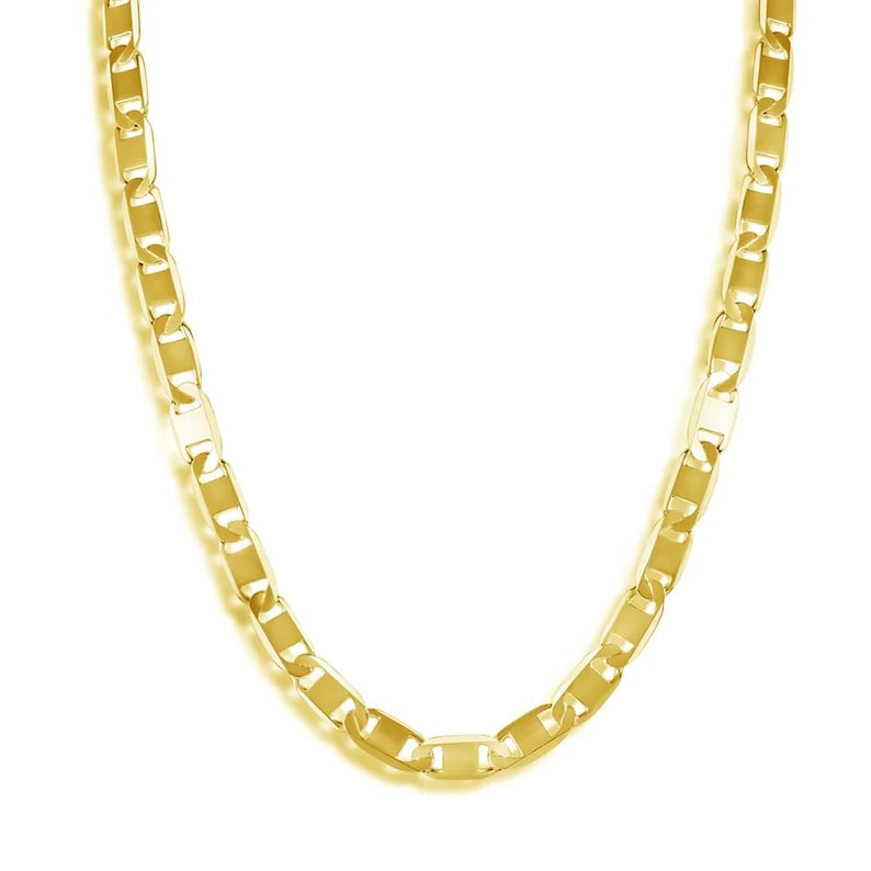 May include: A gold-colored chain necklace with a rectangular link design. The necklace is displayed against a white background, highlighting its shiny, metallic appearance. The chain is a classic jewelry piece.