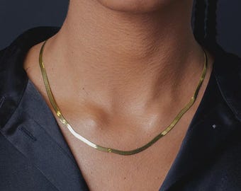 Gold Plated Sterling Silver Herringbone Chain, 14K Gold Flat Snake Necklace, Dainty Jewelry for Men Women