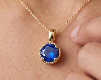 Colgante de oro macizo de 14 quilates con piedra natal, dije redondo grande de 6 mm con cuentas elegantes para mujer, regalo de cumpleaños personalizado de oro auténtico para ella, apilable.