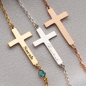 Silver Cross Name Bracelet with Birthstone Bracelet Cross Bracelet with Name Bracelet for Women Confirmation Gift for Girl First Communion