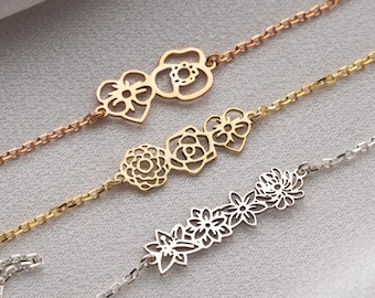 Personalized Birth Flower Bracelet Sterling Silver Family Birthflower Bracelet for Mom Dainty Floral Bracelet Multiple Lily of The Valley