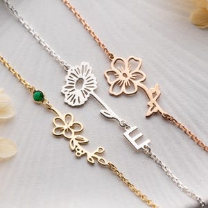 Pulseira de prata com flor de nascimento e pedra de nascimento Pulseira com pingente inicial Pulseira personalizada com flor do mês de nascimento Pulseira de junho Pedra de nascimento de julho