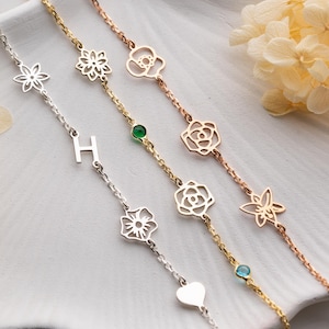 Pulseira de flor de nascimento personalizada com pedra de nascimento Pulseira com letra inicial Pulseira com buquê de flores de nascimento Pulseira delicada para o dia das mães