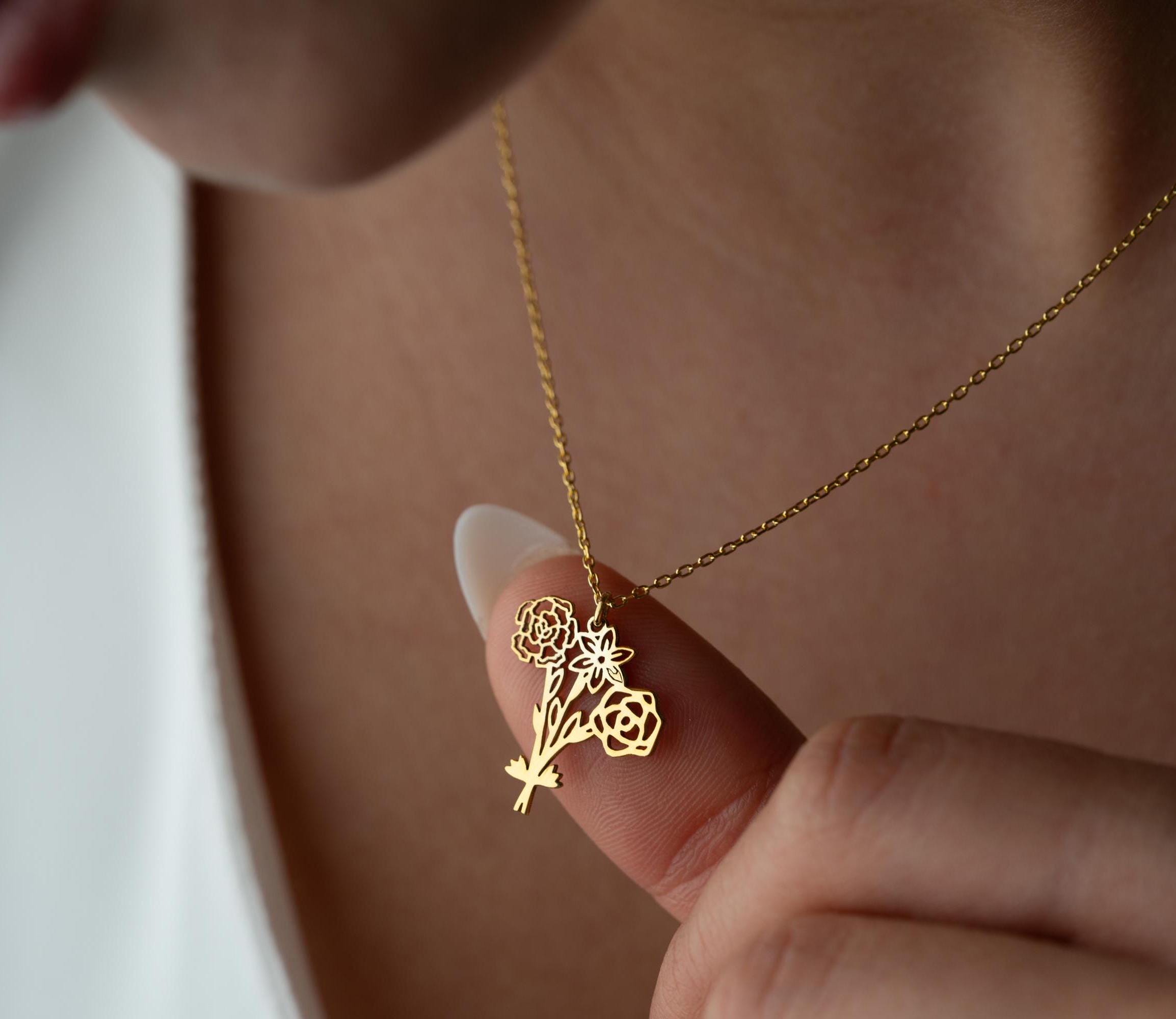 Family Birth Flower Necklace with Multiple Birth Flower Necklace Custom Combined Birthflower Necklace for Women Birth Flower Bouquet Gold