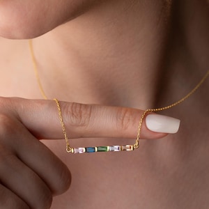 Custom Baguette Birthstone Necklace Family Birthstone Necklace Sterling Silver Baguette Necklace Personalized Peridot Necklace August