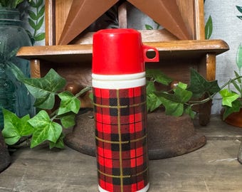 Vintage Avon Plaid Thermos – Collectible Red & Black Tartan – 1970s Avon Décor Piece