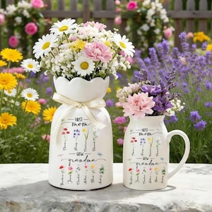 Custom First Mom Now Grandma Vase, Personalized Birth Month Flower Ceramic Jug, Mothers Day Gift For Nana, Grandma Garden Pitcher Decor