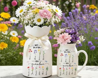 Custom First Mom Now Grandma Vase, Personalized Birth Month Flower Ceramic Jug, Mothers Day Gift For Nana, Grandma Garden Pitcher Decor