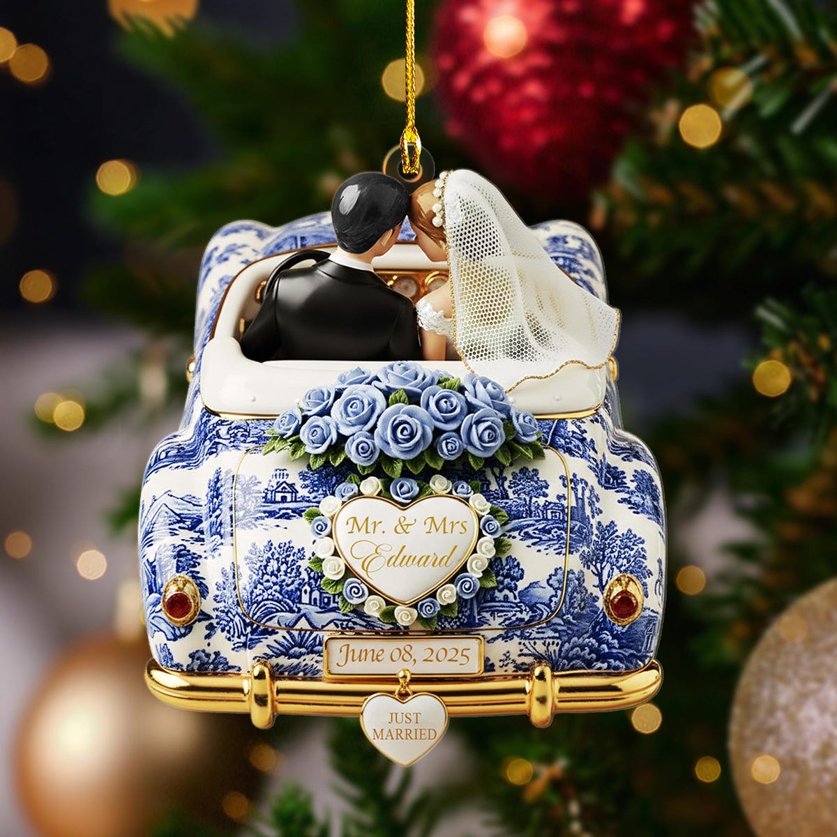 Personalized Just Married Toile de Jouy Ornament, Custom Wedding Gifts For Couple, 2025 Mr and Mrs, First Christmas Married, Newlywed Car