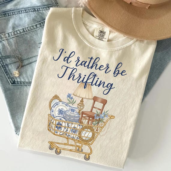 Id Rather Be Thrifting Shirt, Blue And White China Tee, Grandmillennial Clothing, Antique Lover Gift Thrift Store Shopping Top, Vintage Hunt