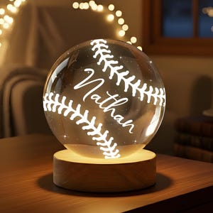 Personalized Baseball 3D Night Light, Custom Sports Fan Desk Lamp, Engraved Wood Base Led Decor, Teen Room Bedside Lighting, Gift For Him