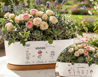 Personalized First Mom Now Grandma Pot, Custom Birth Flower Planter, Grandmas Garden Decor, Mothers Day Birthday Gift For Nana Mimi Gigi