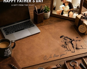 Personalized Dad We Love You Custom Photo Sketch Line Art Desk Mat, Father's Day Gift For Husband, Daddy & Kid Picture Desk Pad Mouse Mat