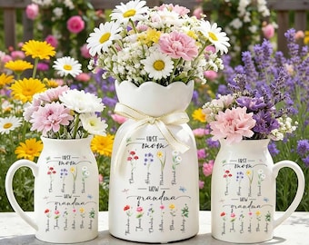 Custom First Mom Now Grandma Vase, Personalized Birth Month Flower Ceramic Jug, Mothers Day Gift For Nana, Grandma Garden Pitcher Decor