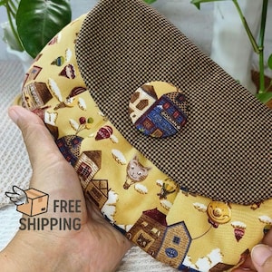 Clutch bohemio de tela de algodón: bolso de estilo oriental-occidental hecho a mano con estampado de gatos, regalo para invitadas de boda, bolso acolchado estilo cottagecore, regalo para novia.