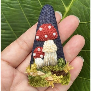 Hand-Embroidered Mushroom Hair Clip: Cottagecore Fairycore Accessory