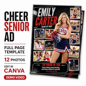 May include: A full-page cheer senior ad template featuring the text CHEER SENIOR AD, EMILY CARTER, CLASS OF 2027, SO PROUD OF YOU, and 12 photo slots. The design includes a central image of a cheerleader in a navy and red uniform holding pom-poms.