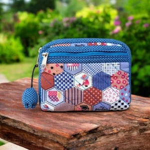 Monedero pequeño con cremallera y diseño de patchwork hecho a mano, con doble cremallera, minimonedero acolchado hexagonal, bonito monedero de tela, regalo para ella.
