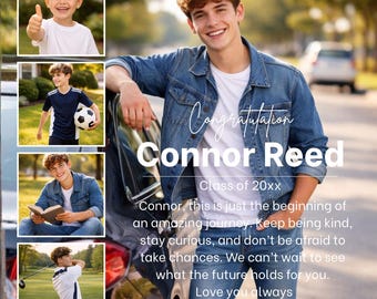 Plantilla de anuncio de anuario de página completa para homenaje a la graduación de un niño o estudiante de último año de secundaria. Anuncio editable en Canva para escuela secundaria.