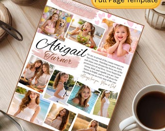 May include: A full-page template with a collage of photos, text that reads "Abigail Turner" and "Congratulations Class of 2026". The template has a pink and white colour scheme and includes a message from Mom & Dad.
