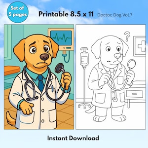 以下が含まれることがあります： 医者姿の犬の漫画が描かれた、21.6 x 27.9 cmの印刷可能な塗り絵。犬はカラーと白黒で描かれ、聴診器を持っています。「Doctoc Dog Vol. 7」と「Instant Download」の文字が見えます。