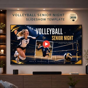 Peut inclure: Modèle de diaporama numérique pour la soirée des seniors de volleyball. Le design présente une joueuse de volleyball en action, un ballon de volleyball et le texte "Volleyball Senior Night". Le modèle de diaporama comprend également le texte "Classe de 2026".