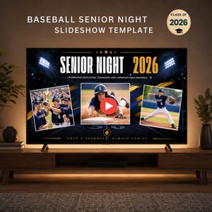 Könnte beinhalten: Ein Fernsehbildschirm zeigt eine Baseball-Diashow-Vorlage für die Senior Night 2026. Das Design zeigt Baseballspieler, den Text "Senior Night 2026" und den Satz "Once a teammate, always family."