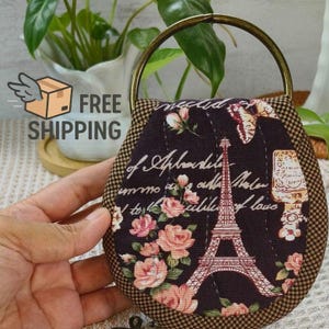 Portachiavi fatto a mano con manico, portachiavi Torre Eiffel, portachiavi in tessuto vintage francese, piccolo portamonete, regalo per lei
