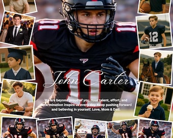 May include: A collage of photos featuring a young man in various stages of life, including a football player in a black and red uniform. The text "John Carter" is displayed, along with a message from family.