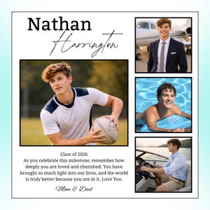 Puede incluir: Un collage de fotos de graduación con el nombre "Nathan Harrington" en escritura negra. El collage incluye cuatro fotos de un joven, junto con el texto "Clase de 2026" y un mensaje de "Mamá y Papá".