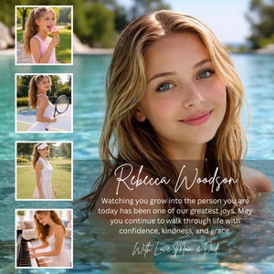 Może przedstawiać: Kolaż przedstawiający młodą kobietę w różnych sceneriach: jedzącą lody, grającą w tenisa, noszącą daszek i grającą na pianinie. Główny obraz przedstawia kobietę w wodzie z imieniem "Rebecca Woodson" i wiadomością.