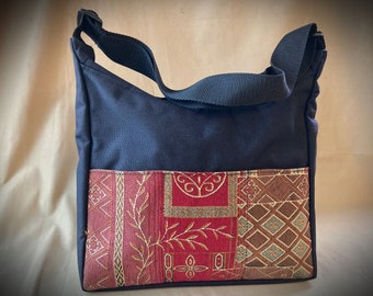 Tapestry Hobo Bag: Handmade Shoulder Purse, Crossbody Black/Crimson