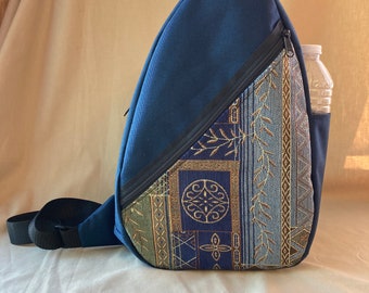 Sling Bag - Crossbody or UnderArm Purse - Navy with SapphireTapestry - handcrafted by MKI Bags