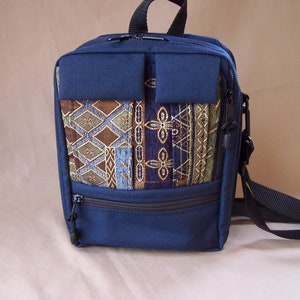 Crossbody Wallet Purse - Shoulder Bag - Tall Plus Handbag Handcrafted by MKI Bags in Navy with Sapphire Tapestry