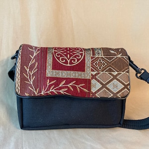 Tapestry Flap Purse -   Shoulder Handbag - Crossbody Shoulder Bag  - Handcrafted in Black/Crimson color by MKI Bags