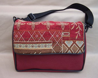 Tapestry Flap Crossbody Bag: Handmade Burgundy Crimson Shoulder Handbag