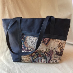 Tote Bag - Travel Carryon - Medium Tapestry Tote Bag in Black with Magellan Tapestry handcrafted by MKI Bags