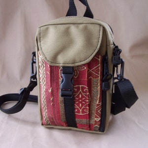 Crossbody Bag -Tapestry - Tall Shoulder Bag Handmade in Tan/Crimson by MKI Bags