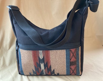 Shoulder Bag - Medium sized Under Arm or Crossbody Purse - Hobo Style - in Black/Southwest color Handmade by MKI Bags
