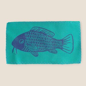 Large Green Fish Carp Fabric Patch, Block Print Design, Sustainable Fabric