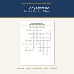 May include: A medical terminology crossword bundle featuring 9 body systems and 27 pages. The document displays a cardiovascular system crossword puzzle with a grid of empty boxes for answers, titled Medical Terminology Crossword and Medical Coding Instruction.