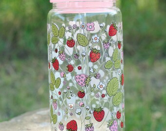 Cottagecore Strawberry Patch 16 oz Glasbecher mit Deckel & Strohhalm