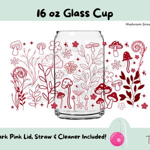 Cottagecore Pilzhain 16 Unzen Glasbecher, Glasbecher mit Strohhalm und Deckel, niedlicher Becher, Glasbecher mit Deckel und Strohhalm, trendiger Glas Libbey