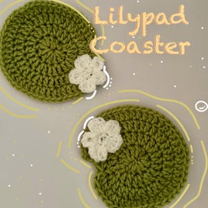 Crochet Lilypad Coaster (3) | floral decor, green and white, crochet coaster, frog, handmade crochet room decor, aesthetic crochet decor