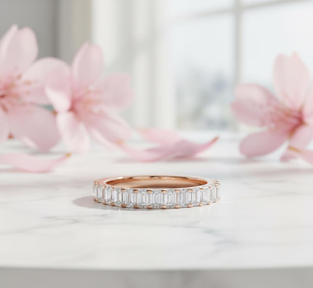 Emerald Cut Diamond Wedding Band | 14K Gold Half Eternity Ring | Art ...