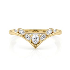 V Shaped Moissanite Chevron Ring in 14K Gold – Pear & Marquise Wedding Band, Curved Stackable Ring, Minimalist Bridal Band