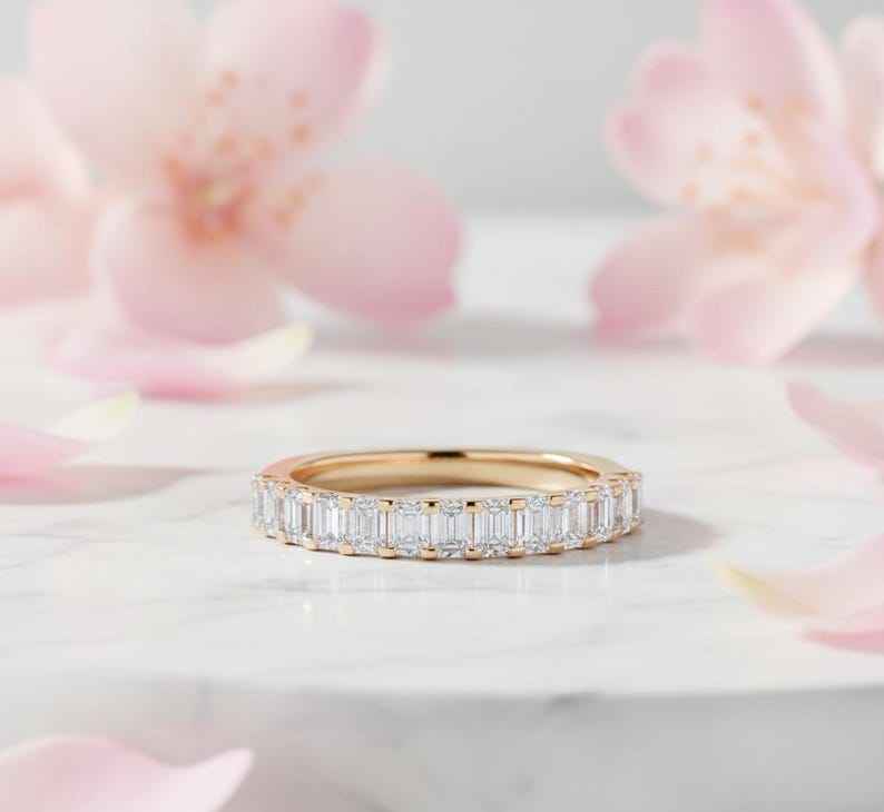 Emerald Cut Diamond Wedding Band | 14K Gold Half Eternity Ring | Art ...