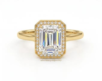 Emerald Cut Lab Grown Diamond Halo Ring | 14K Rose Gold Engagement Ring | Art Deco Halo Setting | Vintage Bridal Ring| Proposal Ring for Her