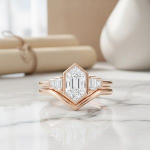 Hexagon Cut Moissanite Engagement Ring Set | Bezel Set Elongated Diamond Ring | Baguette Side Stones Ring | Bridal Stack Ring | Wedding Ring